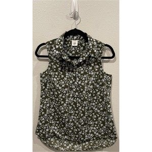 CABI Olive Green Sleeveless Keepsake Pressed Floral Blouse